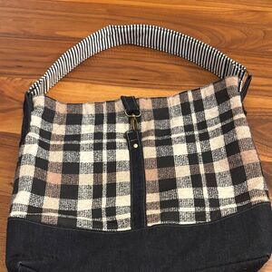 Large Hobo Striped Black White Brown Plaid Denim Purse Handbag